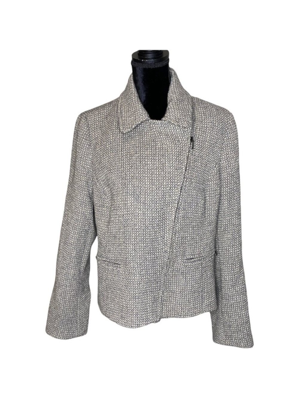 Talbots Moto Jacket Womens 16 Gray Wool Blend Metallic Shimmer Asymmetrical Zip
